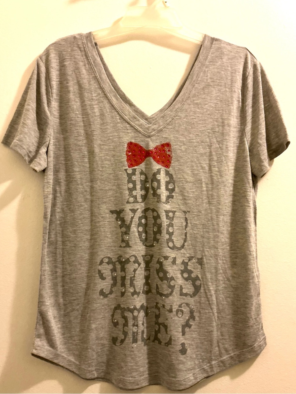 Miss Me Gray V-Neck Tee with Rhinestone and Red Bow